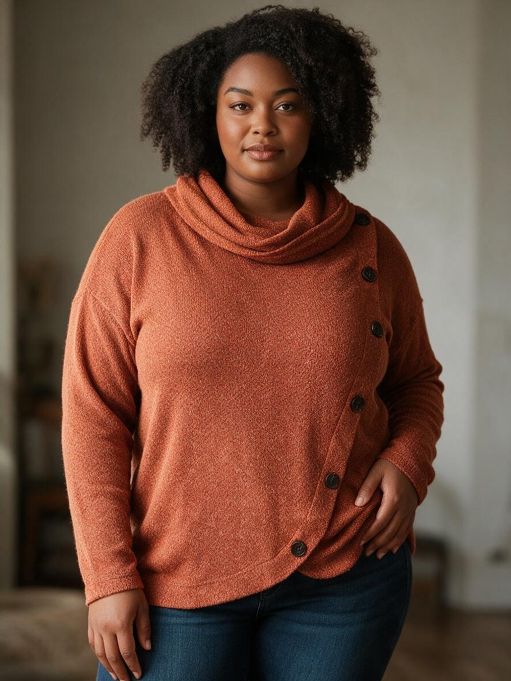 Retrology Cowl Neck Button Wrap Top Size M/M Rust Orange Sweater